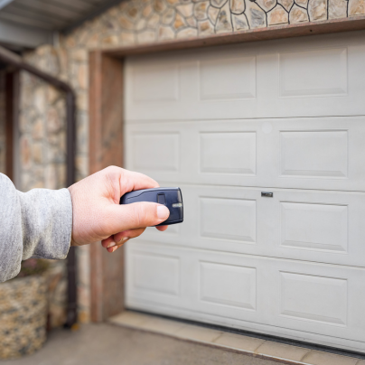 Akron security key fob pointing to a garage door