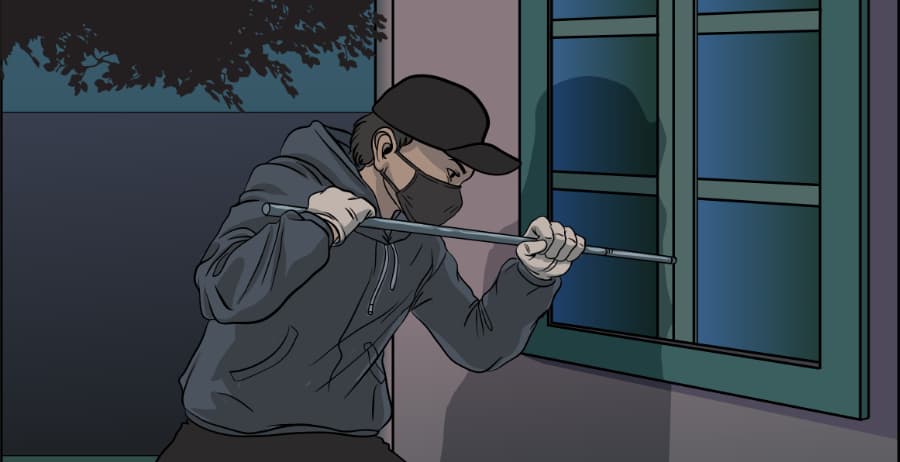 Illustration of burglar forcing entry through a window in Akron